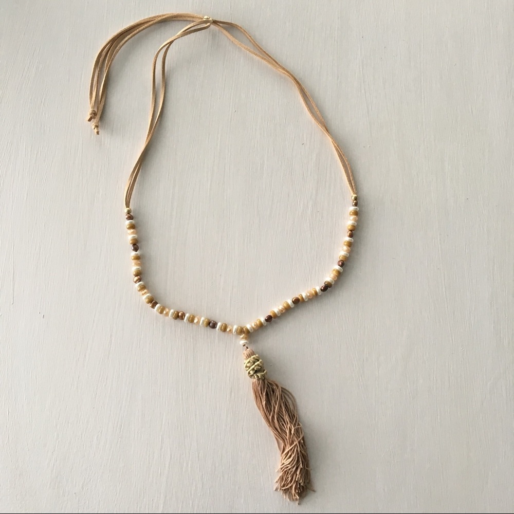 Tan Beaded Tassel Necklace
